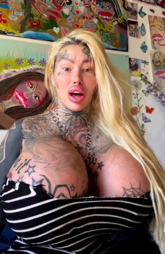 Heavily injected and tattooed social media star, Mary Magdalene, has copped backlash for asking followers to help her pay for damages to a Airbnb she ‘trashed’. Picture: Instagram/1800leavemaryalone