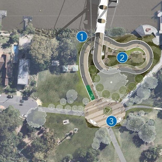 Aerial view of the St Lucia to West End landing site at Guyatt Park and the approach path bisecting the park.