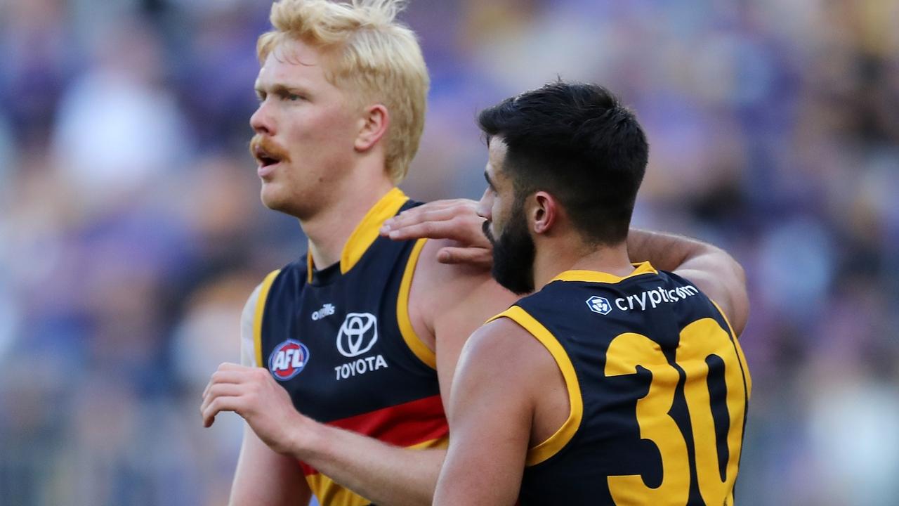 Elliott Himmelberg (left) has re-signed for two years. Picture: Will Russell/AFL Photos via Getty Images