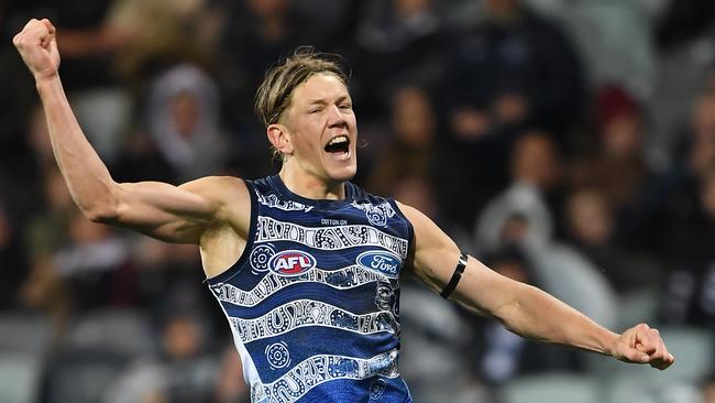 Rhys Stanley celebrates a goal during an impressive return to Geelong’s side. Picture: AAP Image/Julian Smith.