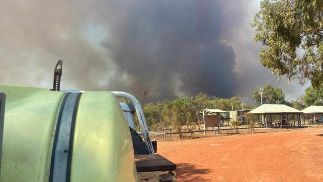 Volunteer firefighters post a photo titled 'incoming' during efforts to fight a monster fire that consumed 1200 hectares of outback bush west of Townsville in just two weeks. Picture: Torrens Creek Rural Fire Brigade