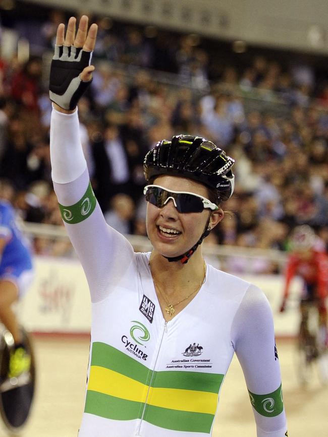 Hoskins celebrates winning a race at the UCI World Cup in 2012. Picture: AFP