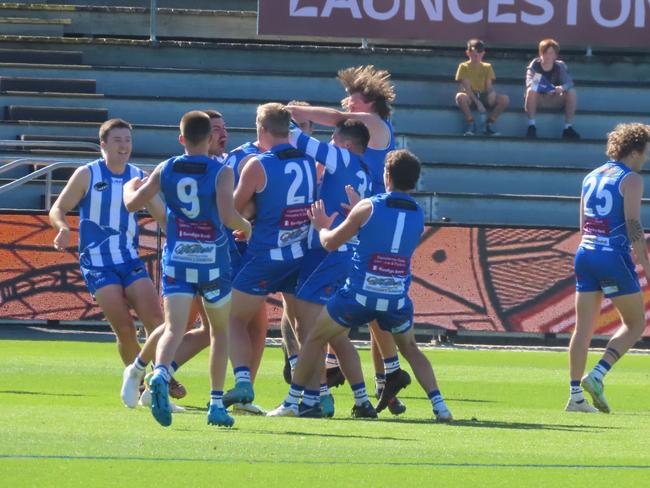 Deloraine players celebrate a goal during their round one win over Bridgenorth in 2023. Picture: Jon Tuxworth