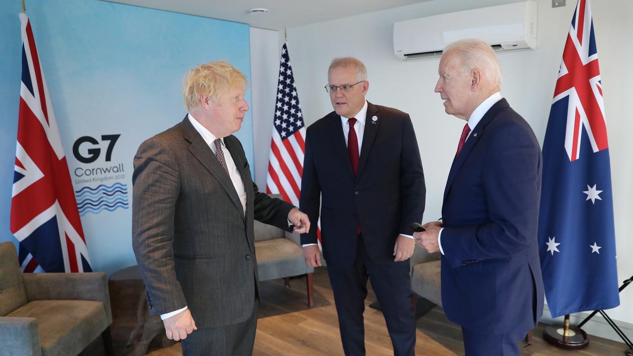 US President Joe Biden, UK Prime Minister Boris Johnson and Australian Prime Minister Scott Morrison had a meeting during the G7 summit. Picture: Adam Taylor/PMO