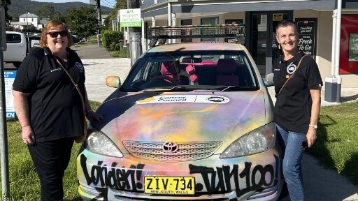 Allison Bourke and Maxine Jongerden, team Road Ragers with Rosie the car set for the Newcastle to Townsville Shitbox Rally 2023. Supplied