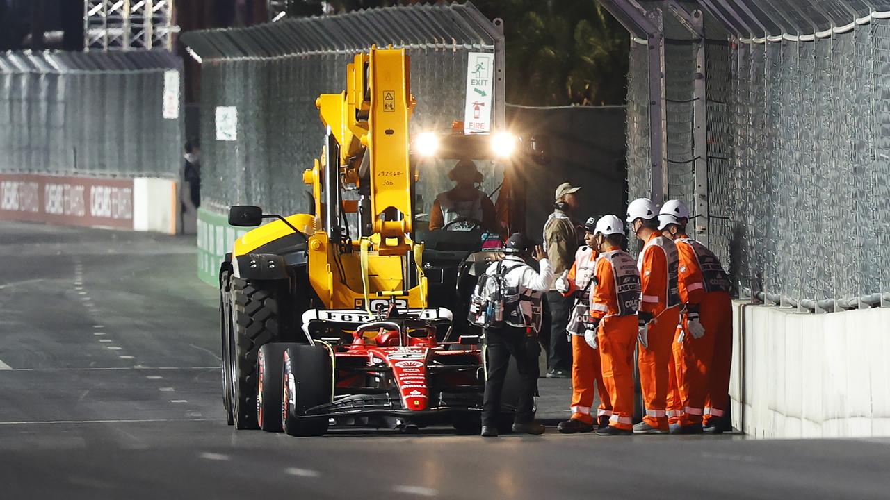 Carlos Sainz’s Ferrari is removed from the circuit in Las Vegas, Nevada. Picture: Chris Graythen
