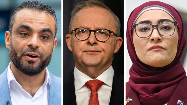 Blaxland independent candidate Ahmed Ouf, Anthony Albanese, and ex-Labor senator Fatima Payman.