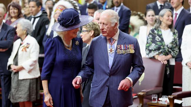 Queen Camilla and King Charles III smile as they arrive at the Senate Chamber. Picture: Chris Jackson – Pool/Getty Images