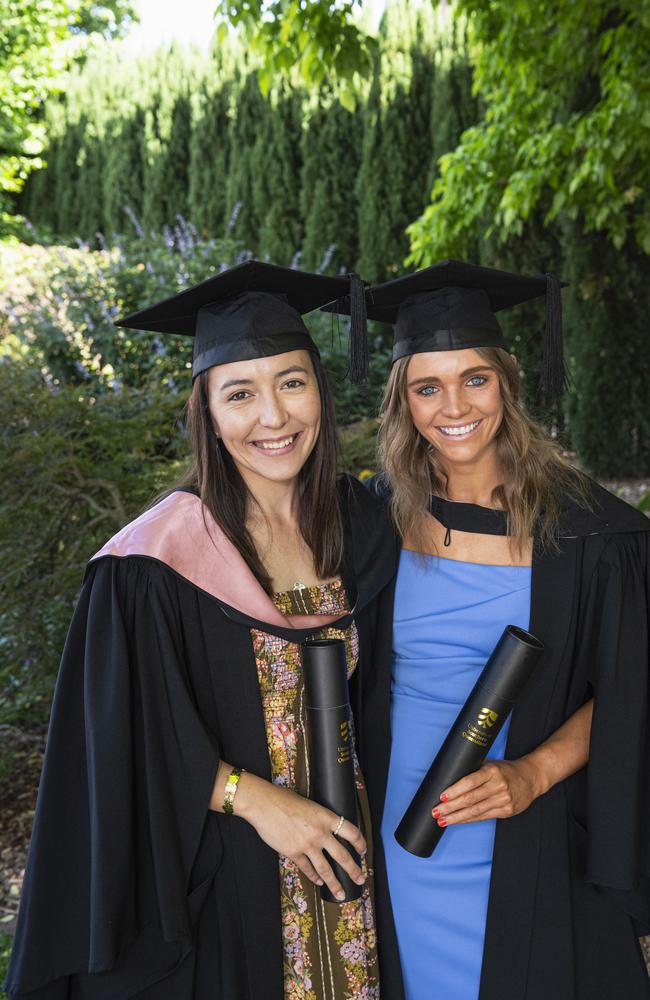 Bachelor of Education graduates Shauna Fisher (left) and Allie Hicks at a UniSQ graduation ceremony at The Empire, Tuesday, October 29, 2024. Picture: Kevin Farmer