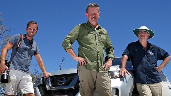 Daily Telegraph photographer Toby Zerna with journalists Warren Brown and Tim Blair pictured near the start of the Darling River where the Culgoa and Barwon Rivers meet. Picture: Toby Zerna