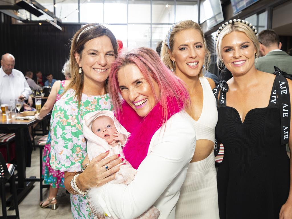 Marlene Potgieter holding baby Sailor Marshall with (back, from left) Jules Harwood, Danah Hillman and Lauren Athorn at the Melbourne Cup party at The Rock, Tuesday, November 1, 2022. Picture: Kevin Farmer