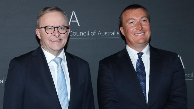 Anthony Albanese and Business Council of Australia chief executive Bran Black at the 2023 BCA annual dinner in Sydney. Picture: John Feder