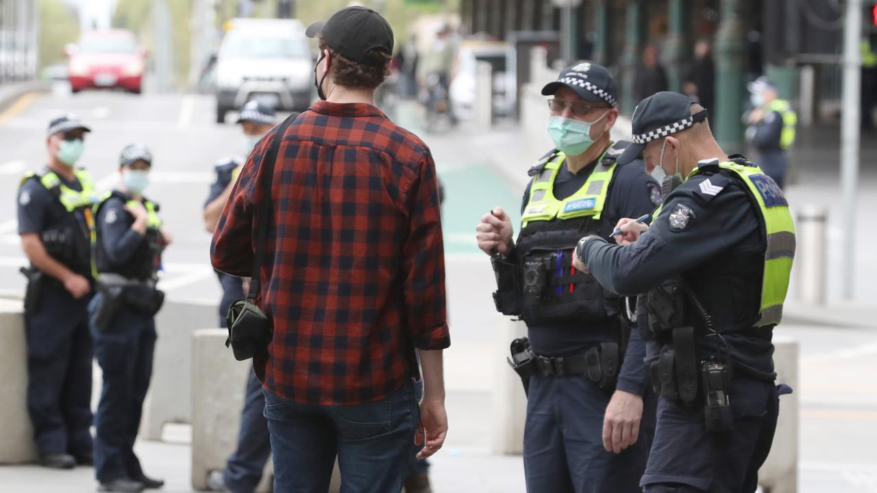 Police are again out in force after days of chaos in the streets of Melbourne with the construction workers protesting against mandatory vaccinations. Picture: NCA NewsWire/David Crosling