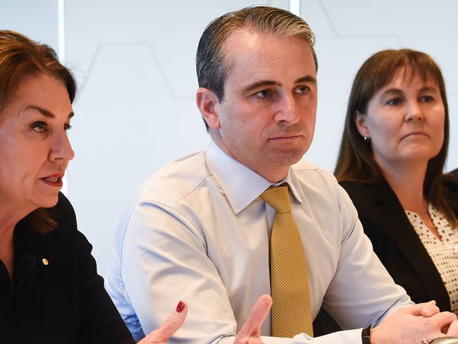 Australian Banking Association CEO Anna Bligh (left), Commonwealth Bank of Australia CEO Matt Comyn are seen during a meeting with Australian Federal Treasurer Josh Frydenberg and other banking executives in Sydney, Wednesday, March 11, 2020. (AAP Image/Fairfax Media Pool, Peter Braig) NO ARCHIVING