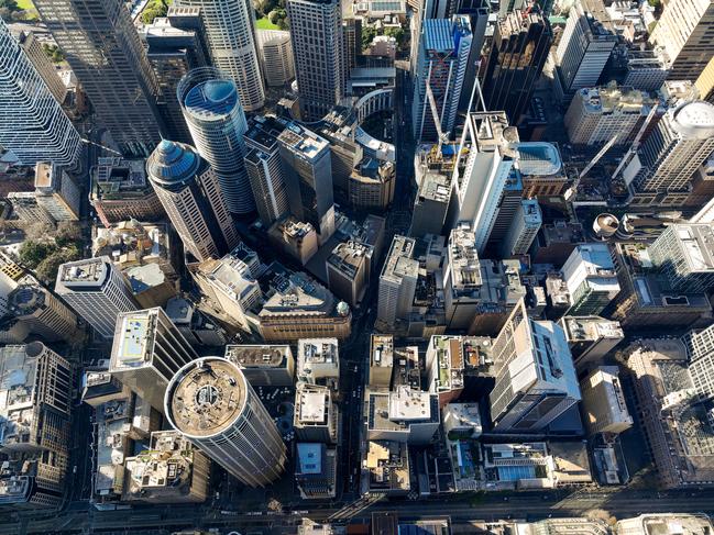 Aerial birds eye views of real estate and infrastructure in Sydney Australia of CBD