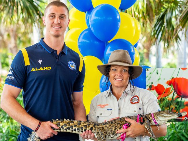 Parramatta second-rower Shaun Lane with Kiley Lenehan from Crocodylus Park. Picture: Che Chorley