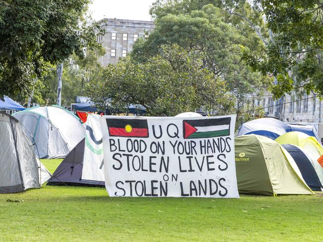 A pro-Palestinian encampment at the University of Queensland’s St Lucia campus this week. Picture: Richard Walker