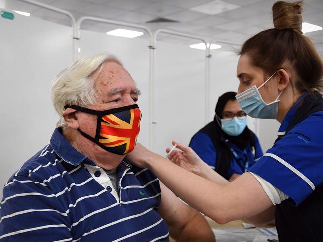 An elderly man receives the AstraZeneca vaccine in England. Picture: AFP