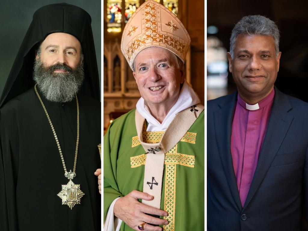 Archbishops Makarios Griniezakis, left, Anthony Fisher, centre, and Kanishka Raffel, of the Greek Orthodox, Catholic and Christian faiths respectively.