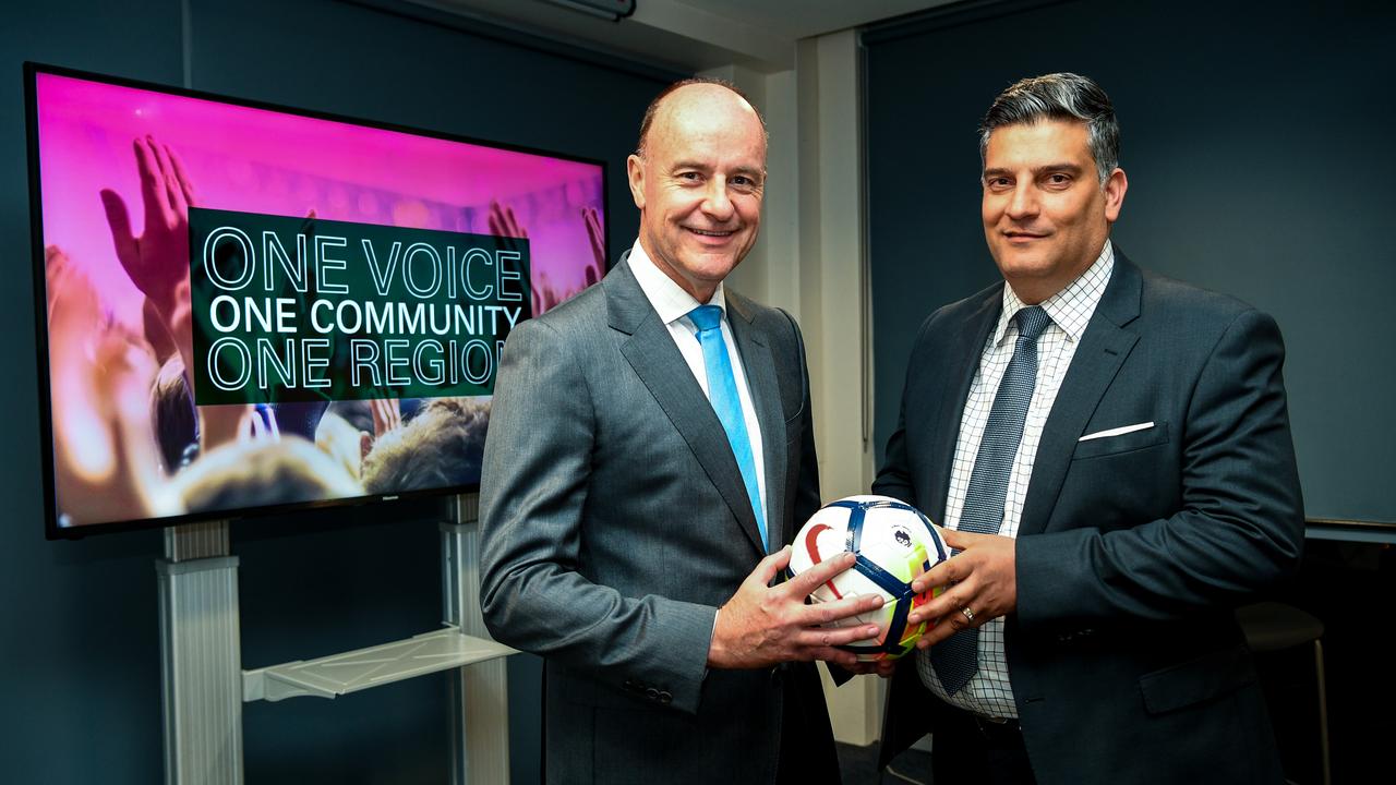 Co-Chairman of the combined United For Macarthur and South West Sydney FC A-League bid Chris Redman (left) and Gino Marra (right) pose for a photo