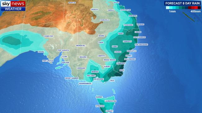 Eight day rainfall forecast for southeast Australia. Picture: Sky News Weather