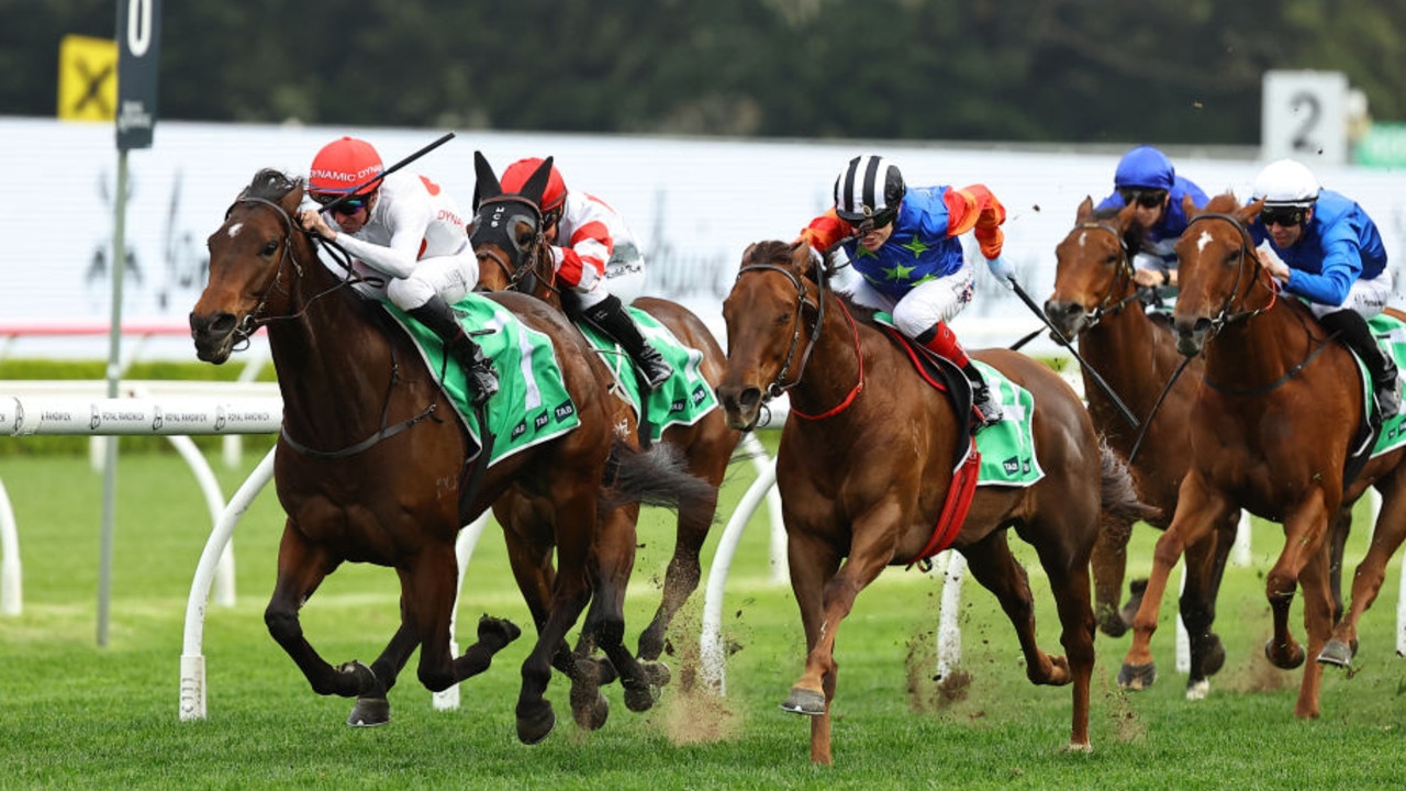 Bella Nipotina (black and white striped cap) chases home I Am Me in the Concorde Stakes at Randwick on Saturday. Photo: Jeremy Ng/Getty Images.