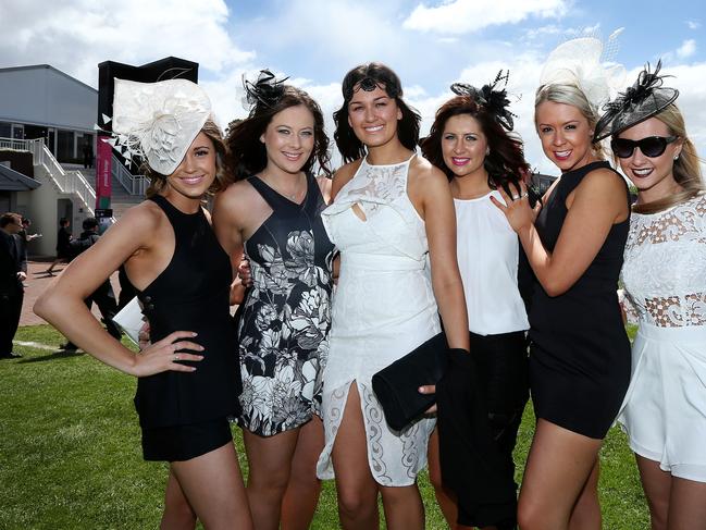 2014 AAMI Victoria Derby Day, Flemington, Victoria. Tennille, Brittney, Keely, Brittaney, Ashlee and Kim. Picture: Mark Stewart