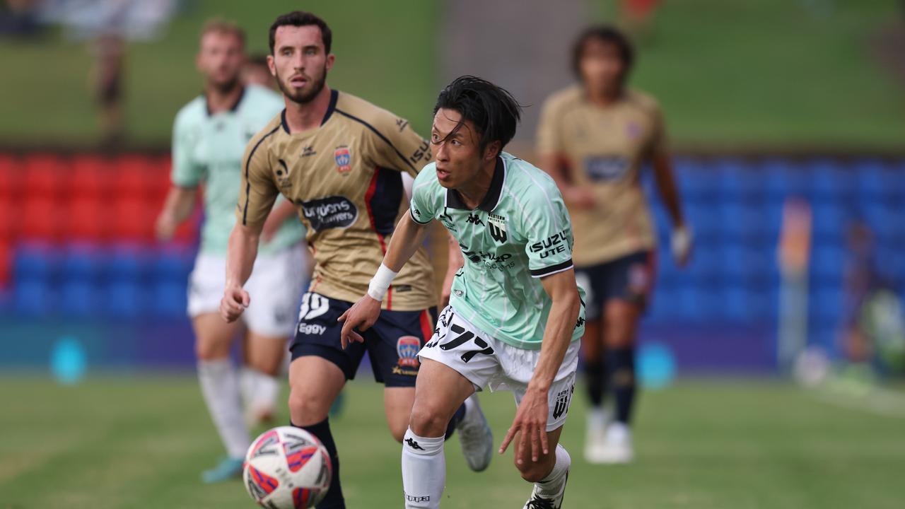 NEWCASTLE, AUSTRALIA – MARCH 16: Riku Danzaki of Western United with the ball during the round 23 A-League Men match between Newcastle Jets and Western United FC at McDonald Jones Stadium, on March 16, 2025, in Newcastle, Australia. (Photo by Scott Gardiner/Getty Images)