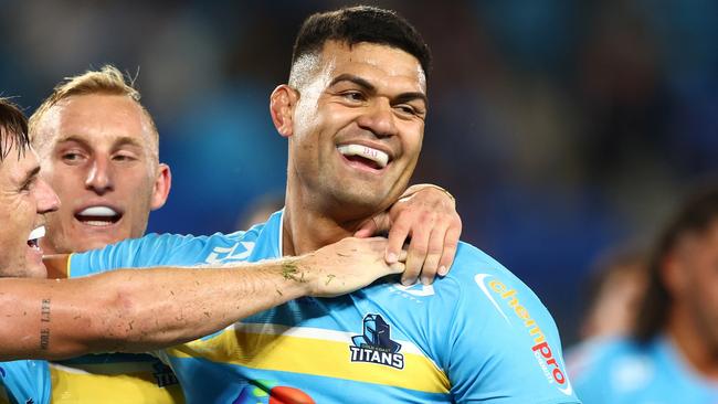 GOLD COAST, AUSTRALIA - APRIL 20: David Fifita of the Titans celebrates a try during the round seven NRL match between Gold Coast Titans and Manly Sea Eagles at Cbus Super Stadium, on April 20, 2024, in Gold Coast, Australia. (Photo by Chris Hyde/Getty Images)