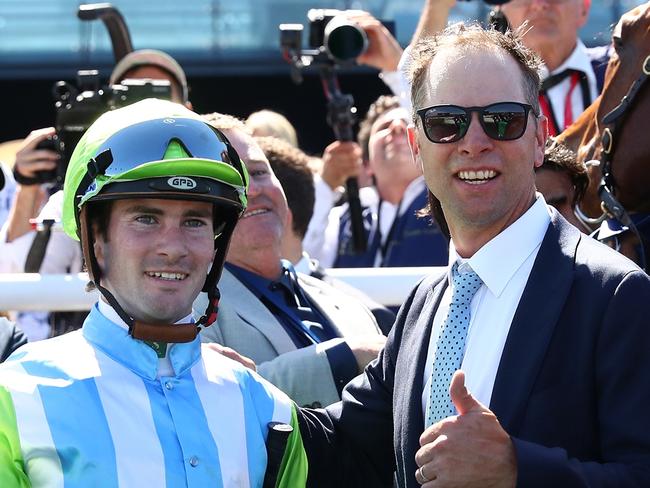 SYDNEY, AUSTRALIA - OCTOBER 14:  Trainer Matthew Dale celebrates after Tyler Schiller riding Front Page wins Race 5 The Kosciuszko during Sydney Racing - TAB Everest Day at Royal Randwick Racecourse on October 14, 2023 in Sydney, Australia. (Photo by Jeremy Ng/Getty Images)