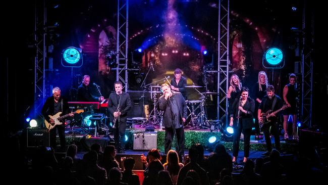 Russell Crowe (centre) performing with his band Indoor Garden Party at The Triffid music venue in Brisbane on Thursday night. Picture: Andrew Treadwell