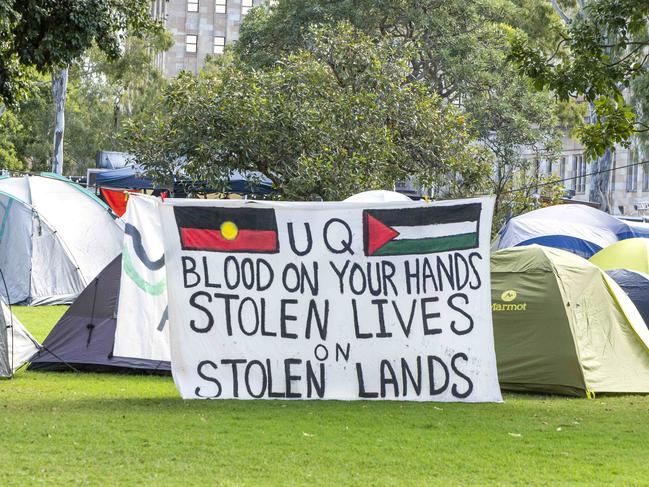 Pro-Palestine supporters and Jewish students have established separate campsites at the University of Queensland. Picture: Richard Walker