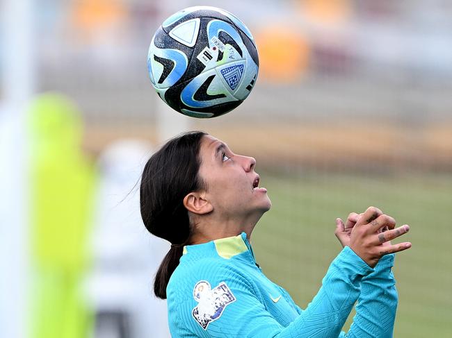 BRISBANE, AUSTRALIA - AUGUST 09: Sam Kerr heads the ball during an Australia Matildas training session during the the FIFA Women's World Cup Australia & New Zealand 2023 at Queensland Sport and Athletics Centre on August 09, 2023 in Brisbane, Australia. (Photo by Bradley Kanaris/Getty Images)