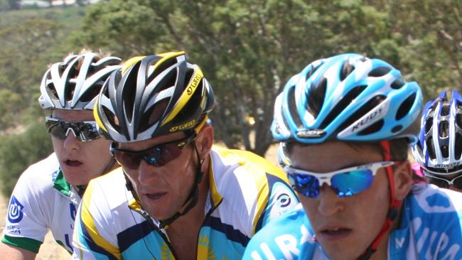 Disgraced Tour de France champion Lance Armstrong (centre) during the fourth stage of the 2009 Tour Down Under in Adelaide. 