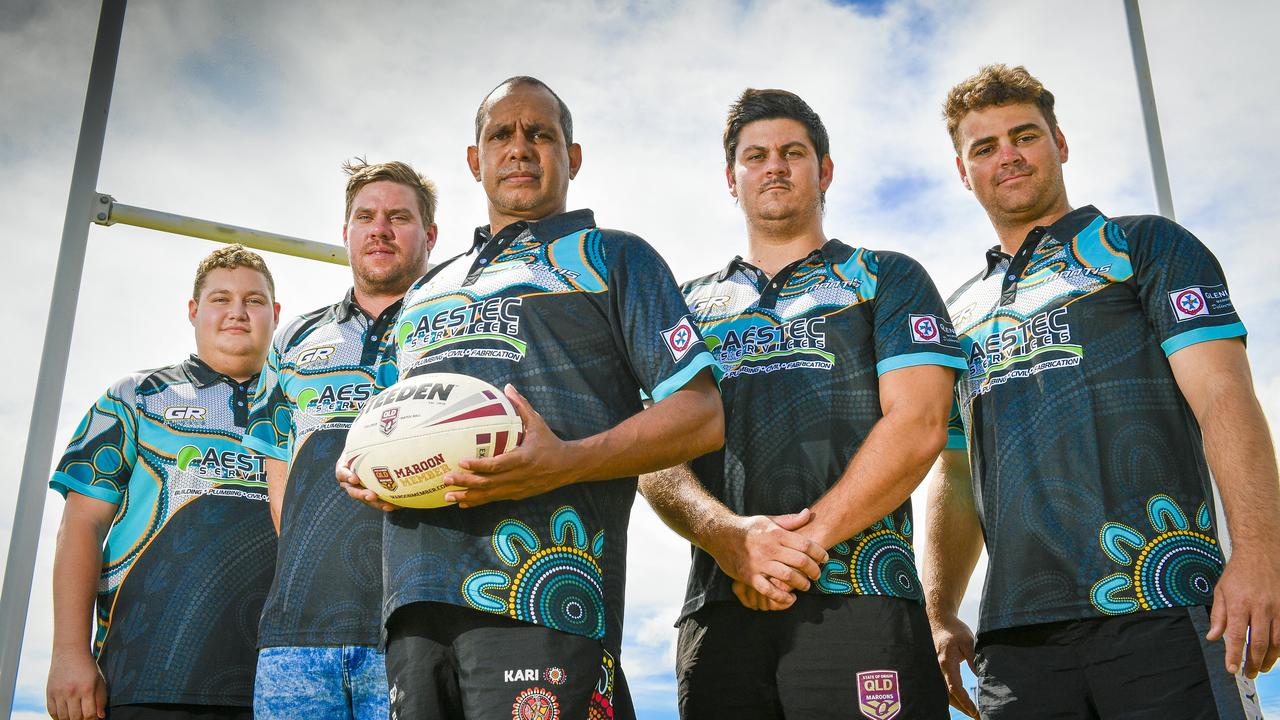 Toby Coendodd, Sean Collins, Ashleigh Dobb and Josh and Jayden Taylor ready for the Warba Wangarunya Carnival in Rockhampton.