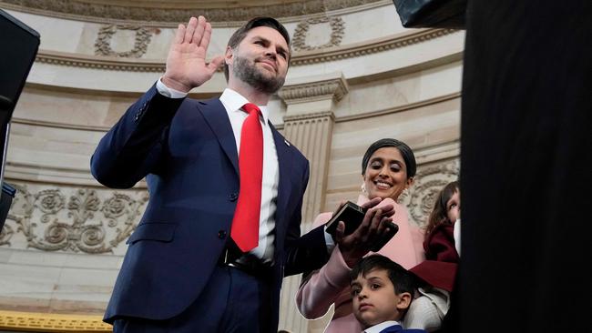 JD Vance is sworn in as Vice President by Supreme Court Justice Brett Kavanaugh as Usha Vance holds the Bible. Picture: AFP