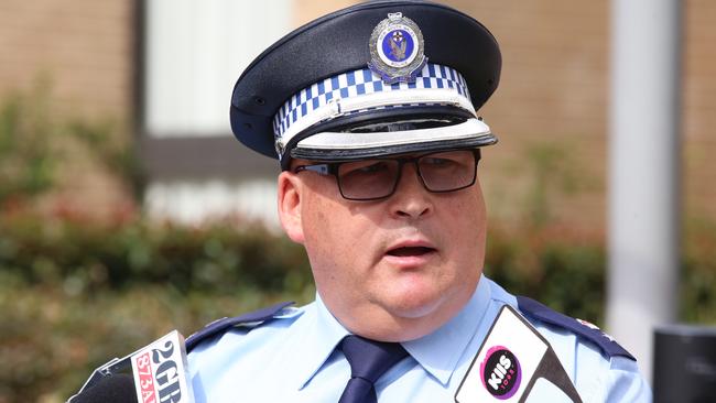 Superintendent Scott Whyte spoke to the media outside the Granville Police station on Monday. Picture: Ross Schultz.