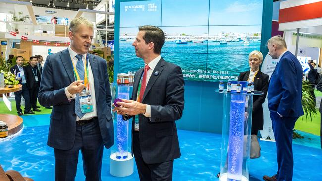 Blackmores chief Richard Henfrey talks to Trade Minister Simon Birmingham at the China International Import Expo in Shanghai earlier this month. Picture: DFAT