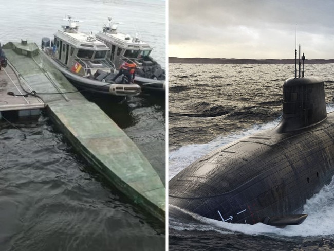 A narco submarine where Colombian authorities found a haul of cocaine; a render of the SSN-AUKUS Nuclear-Powered Submarine
