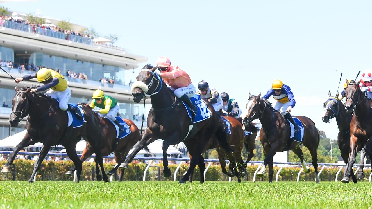 Invincible Caviar (centre) and My Yankee Girl (yellow) dead-heat at Flemington on Saturday. Picture: Pat Scala–Racing Photos via Getty Images