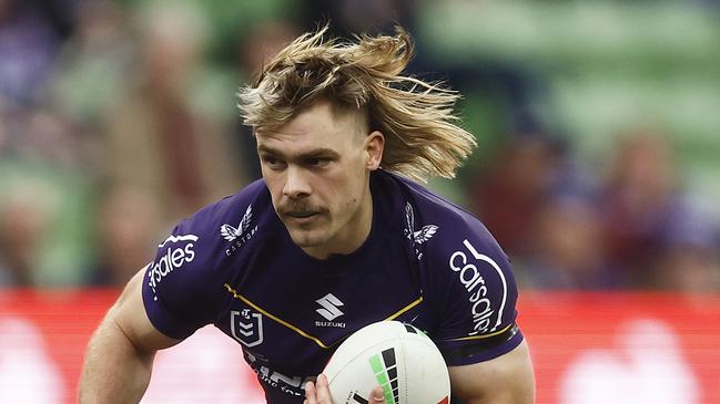 MELBOURNE, AUSTRALIA - AUGUST 26: Ryan Papenhuyzen of the Storm runs with the ball during the round 26 NRL match between Melbourne Storm and Gold Coast Titans at AAMI Park on August 26, 2023 in Melbourne, Australia. (Photo by Daniel Pockett/Getty Images)