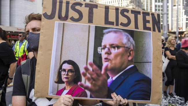 Protestors gather at Sydney’s Town Hall for the Women’s March 4 Justice on Monday. Picture: Jenny Evans/Getty