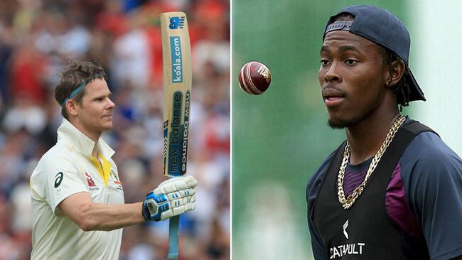 English hopes hang on fast bolwer Jofra Archer, right, to blunt the batting brilliance of Australia's Steve Smith, left. Pictures: Getty