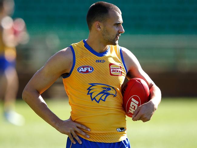 PERTH, AUSTRALIA - MAY 15: Dom Sheed looks on during a West Coast Eagles AFL training session at Subiaco Oval on May 15, 2018 in Perth, Australia.  (Photo by Paul Kane/Getty Images)