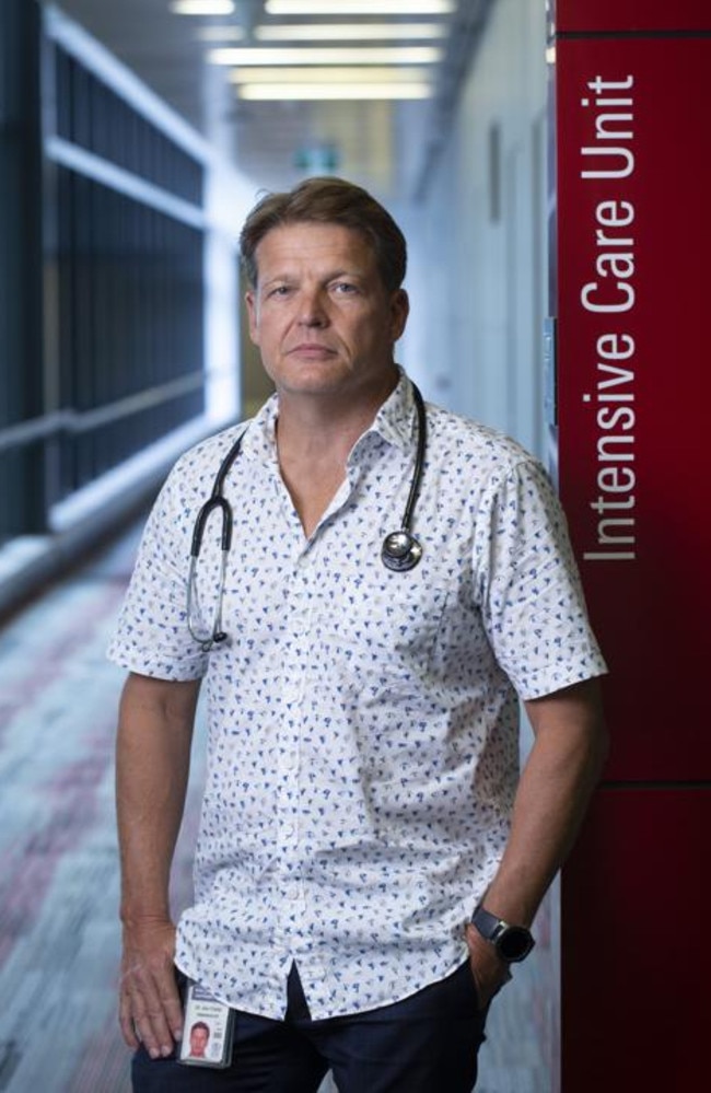 Medical staff on the frontline fighting Covid-19 at Gold Coast University Hospital include Intensive Care Unit consultant Dr Jon Field. Picture: Russell Shakespeare