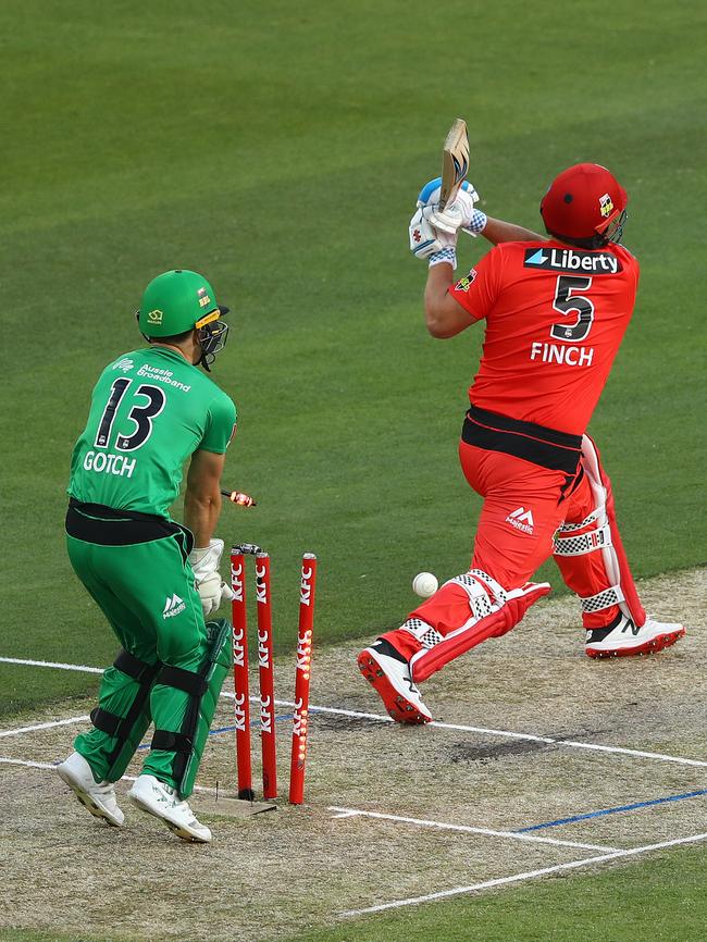 Aaron Finch is knocked over by Glenn Maxwell.