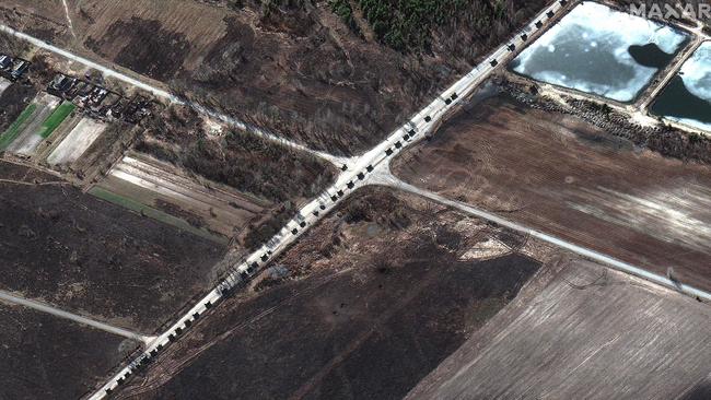 A Maxar satellite image of the military convoy north of Ivankiv in Ukraine. Picture: Maxar Technologies/AFP