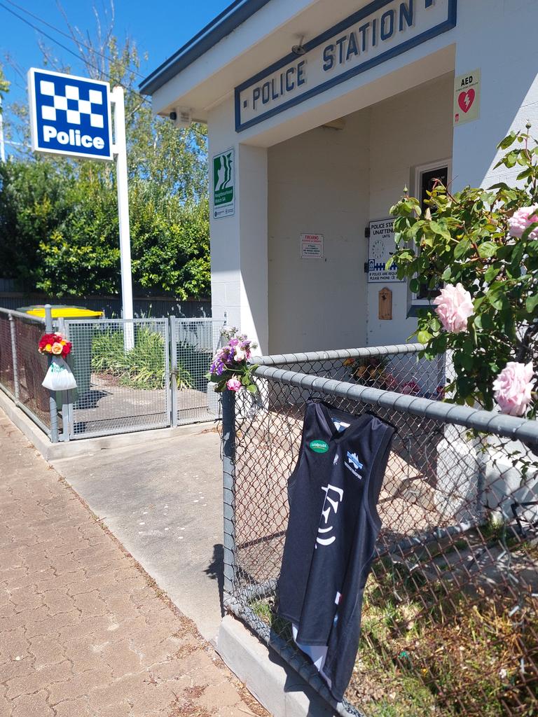 Flowers left at Lucindale Police Station in honour of 53-year-old Brevet Sergeant Jason Doig.