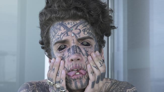Ethan Bramble has risked going permanently blind after getting his eyeballs tattooed. Picture: Alana Tompson / Barcroft Images