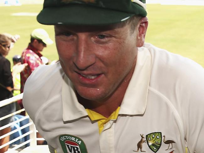 KINGSTON, JAMAICA - JUNE 14: Brad Haddin of Australia celebrates victory during day four of the Second Test match between Australia and the West Indies at Sabina Park on June 14, 2015 in Kingston, Jamaica. (Photo by Ryan Pierse/Getty Images)